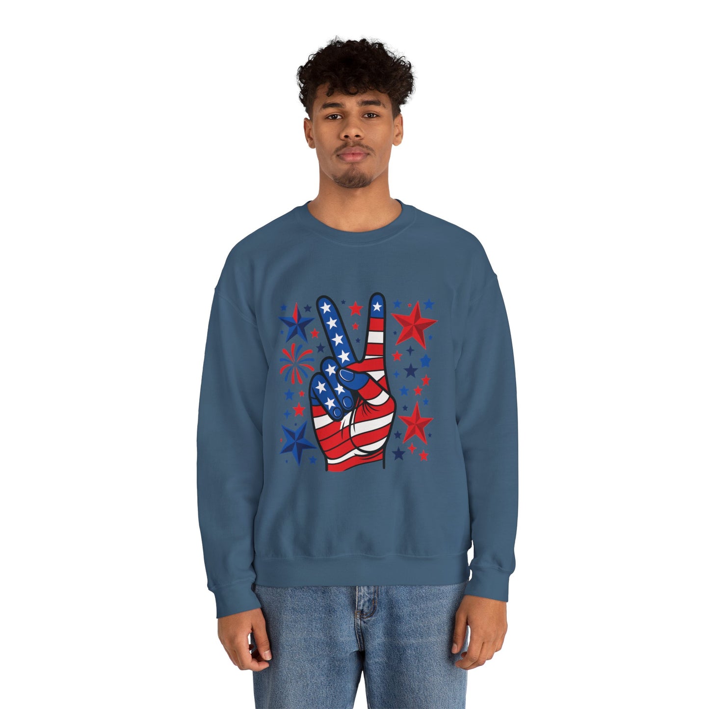 Patriotic Peace Crewneck Sweatshirt - Unisex Heavy Blend, 4th of July Clothing, Peace Sign Design, Casual Wear, Gift for Him/Her