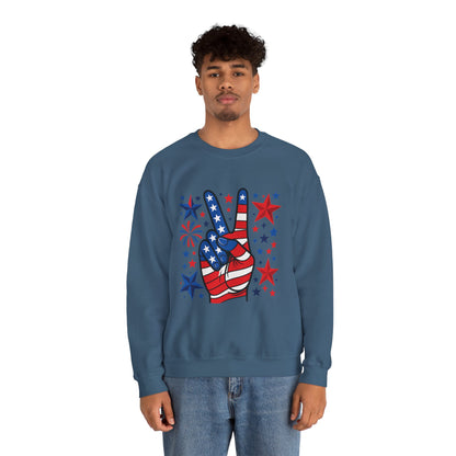 Patriotic Peace Crewneck Sweatshirt - Unisex Heavy Blend, 4th of July Clothing, Peace Sign Design, Casual Wear, Gift for Him/Her