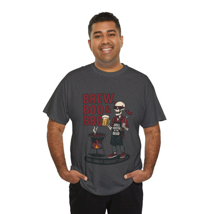 Halloween BBQ Men's T-Shirt, Brew Boo & BBQ Skeleton Grill Master Tee, Funny Dad Gift, Grill Master Tee, Grill Dad Halloween