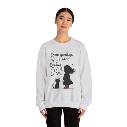 Cozy Farewell Girl & Cat Pullover, Hand Drawn Red Dress Art, Minimalist Womens Crewneck