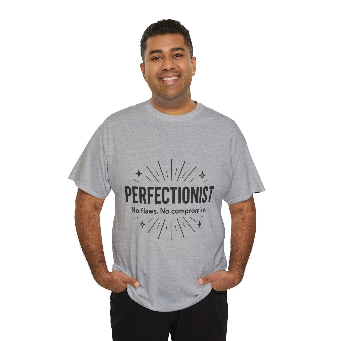 Mens Perfectionist T-Shirt, No Flaws No Compromise, Minimal Bold Graphic Tee, Gift for OCD, Clean Freak, or Detail-Oriented Men