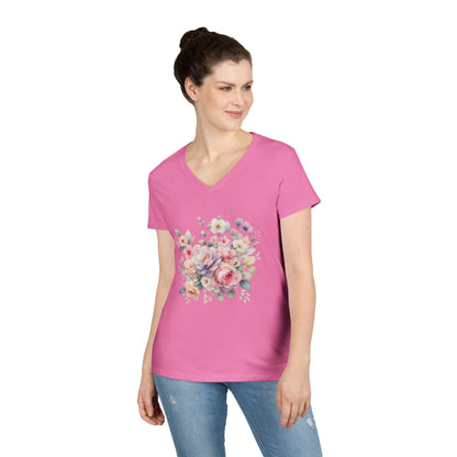 Pastel Floral Bouquet Ladies' V-Neck T-Shirt, Romantic Soft Vintage Flower Tee, Spring Fashion, Gift for Her, Everyday Wear