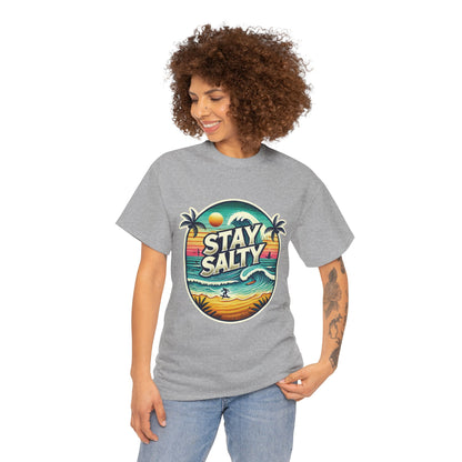Stay Salty Retro Surf Unisex Heavy Cotton Tee, Vintage Beach Sunset Graphic T-Shirt, Summer Ocean Wave Surfer Shirt, Ocean Lover Gift