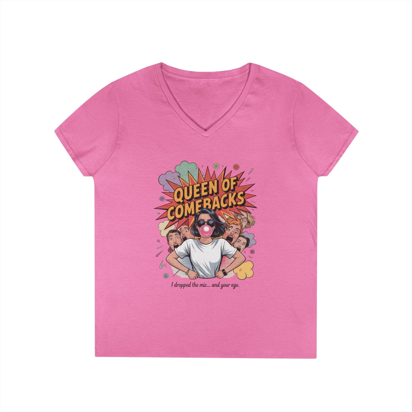 Queen of Comebacks V-Neck T-Shirt, Funny Graphic Tee, Gift for Friends, Humor Apparel, Casual Wear, Comedic Shirt