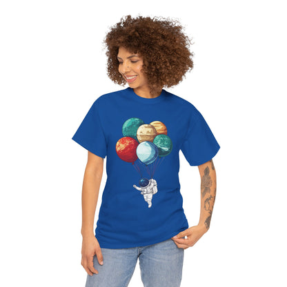Astronaut with Planet Balloons T-Shirt, Space Lover Unisex Tee, Outer Space Graphic Shirt, Space Theme Shirt, Cosmic Adventure Top