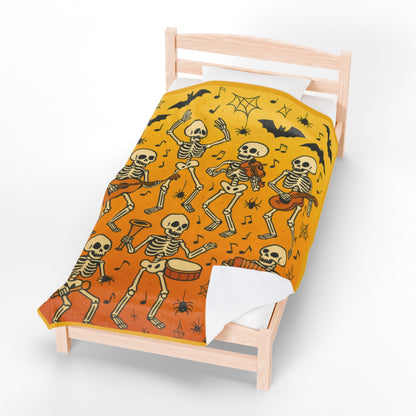 Dancing Skeleton Halloween Velveteen Plush Blanket, Funny Spooky Skeleton Band Throw Blanket, Cozy Fall Gothic Home Decor, Music Lover Gift