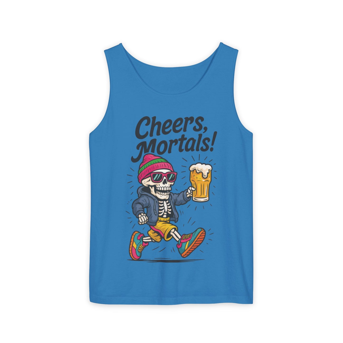 Cheers Mortals! Mens Tank Top, Funny Skeleton Beer Graphic Tee, Drinking Humor Shirt, Party Gift for Him, Halloween Tank,  Beer Lovers Gift