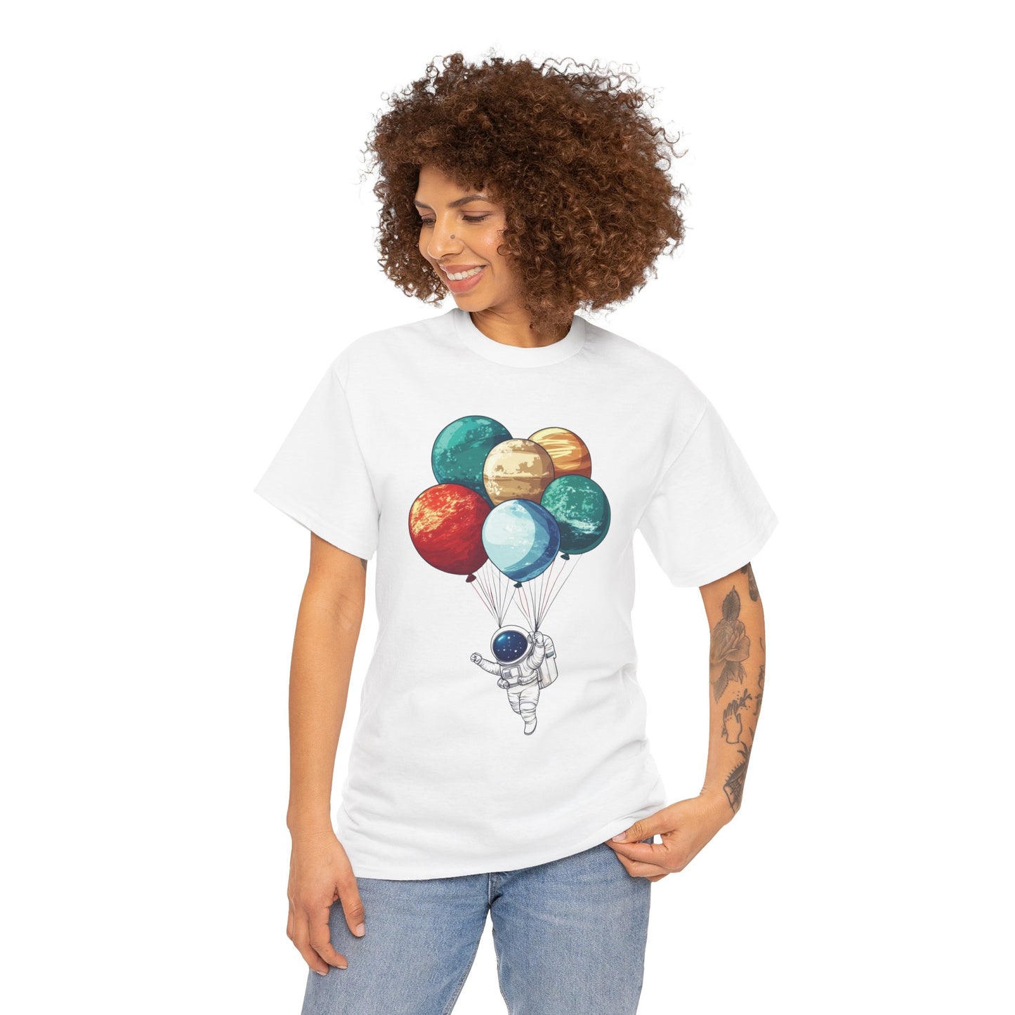 Astronaut with Planet Balloons T-Shirt, Space Lover Unisex Tee, Outer Space Graphic Shirt, Space Theme Shirt, Cosmic Adventure Top