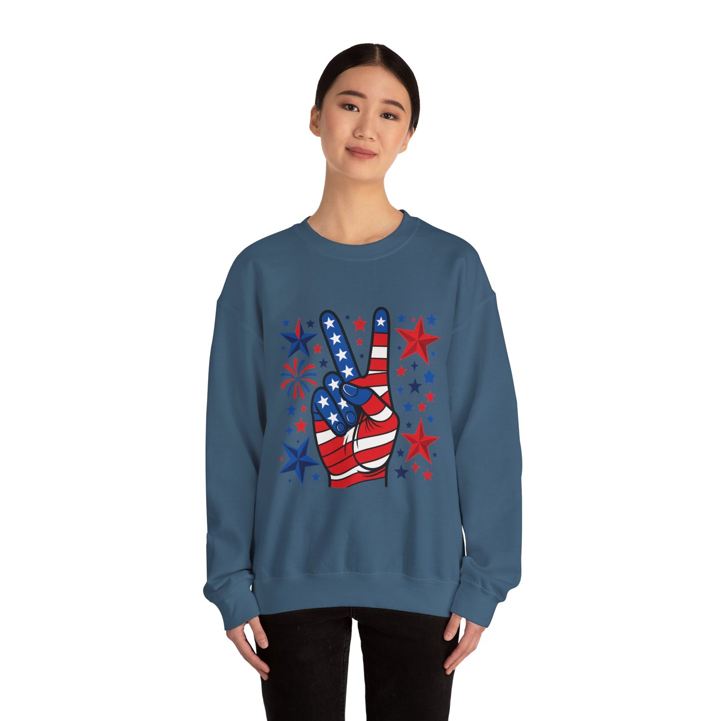 Patriotic Peace Crewneck Sweatshirt - Unisex Heavy Blend, 4th of July Clothing, Peace Sign Design, Casual Wear, Gift for Him/Her