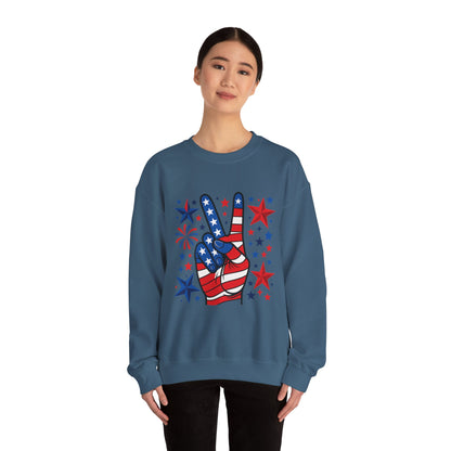 Patriotic Peace Crewneck Sweatshirt - Unisex Heavy Blend, 4th of July Clothing, Peace Sign Design, Casual Wear, Gift for Him/Her