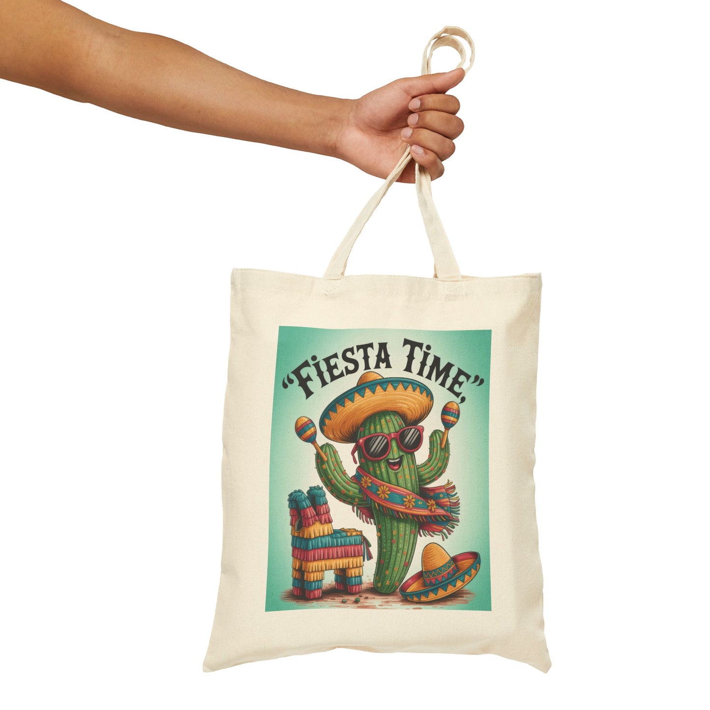 Fiesta Time Cactus Tote Bag, Colorful Funny Sombrero Maracas Piñata Mexican Party Gift Bag, Summer Vibes Canvas Bag