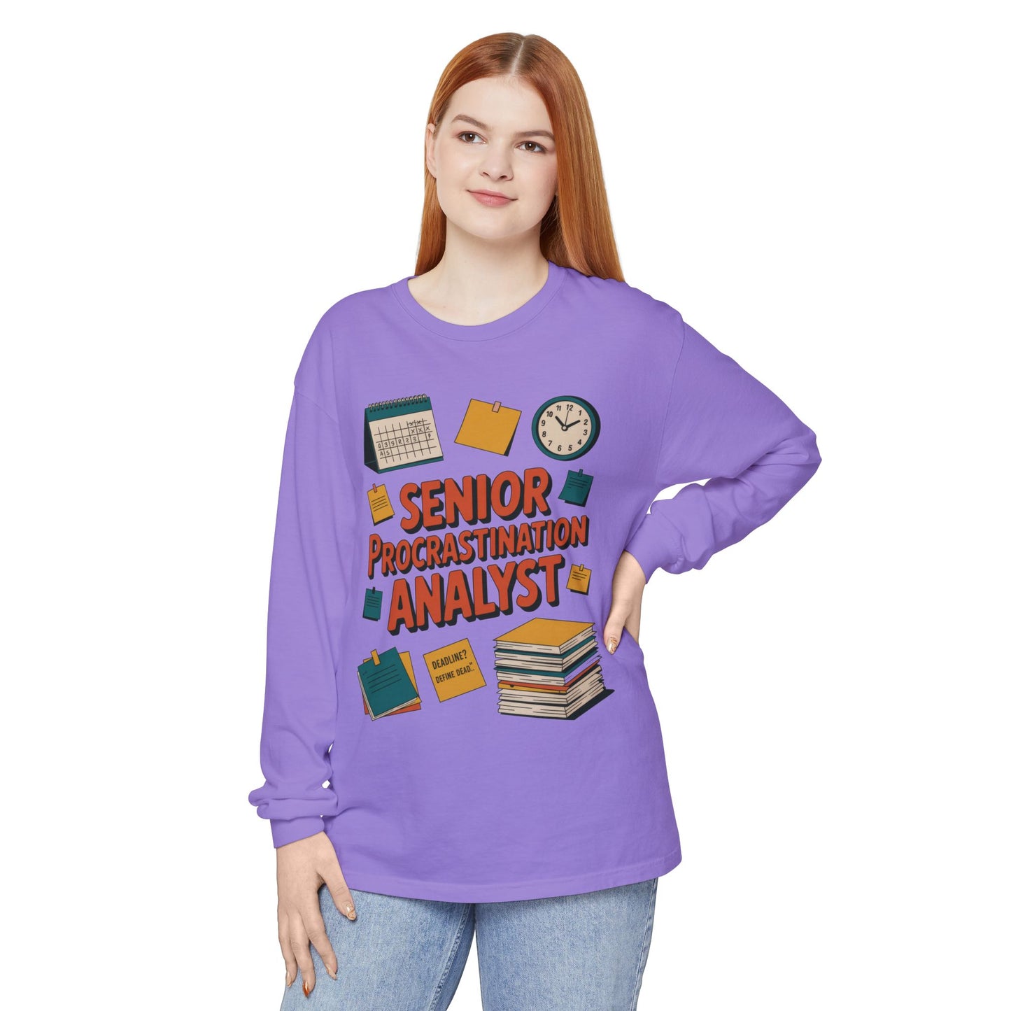 Senior Procrastination Analyst Long Sleeve Tee, Funny Work Shirt,Gift for Analysts, Office Humor, Meme Long Sleeve, Motivation Humor Apparel
