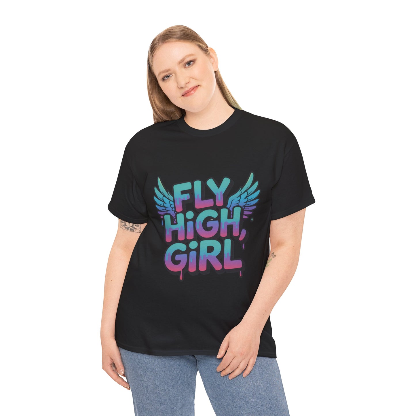 Womens Graphic Tee Fly High Girl, Angel Wings Graffiti Drip T-Shirt, Bold Streetwear Top
