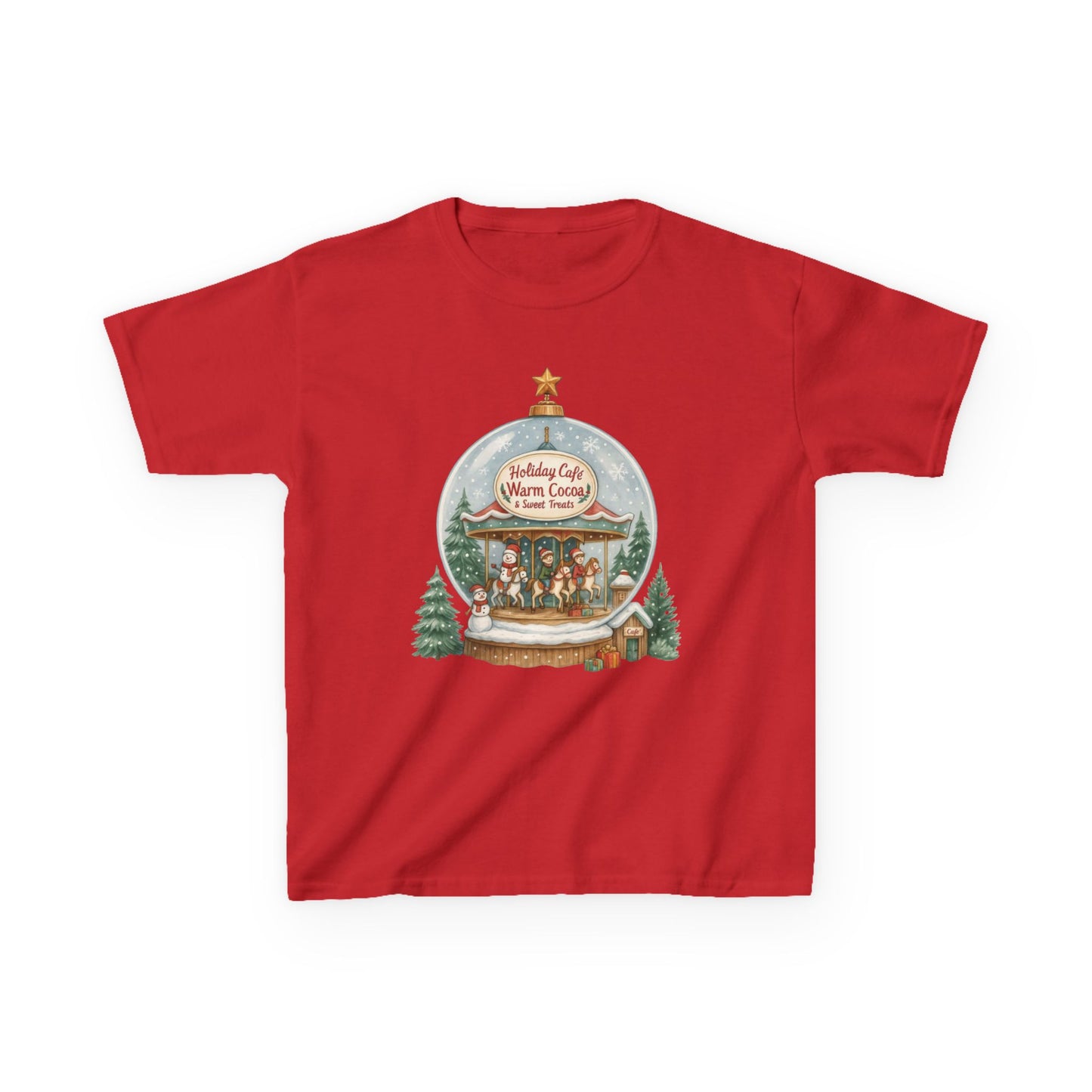 Youth Holiday Café Christmas T-Shirt, Warm Cocoa Carousel Kids Tee