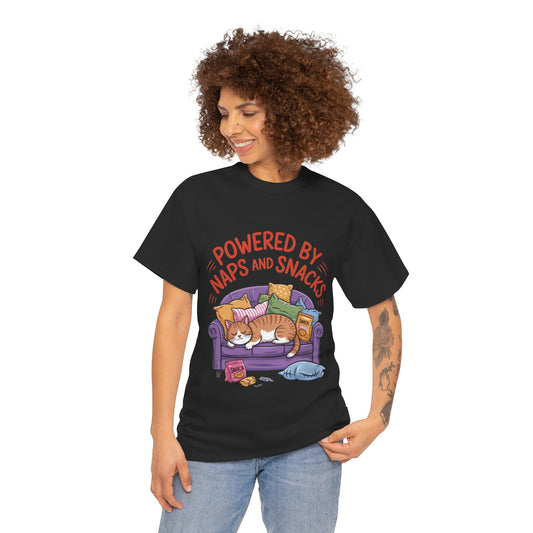 Powered by Naps and Snacks Cat T-Shirt, Funny Lazy Cat Lover Womens Tee, Cute Humor Shirt, Cozy Gift for Her, Cozy Cat Lover T-Shirt