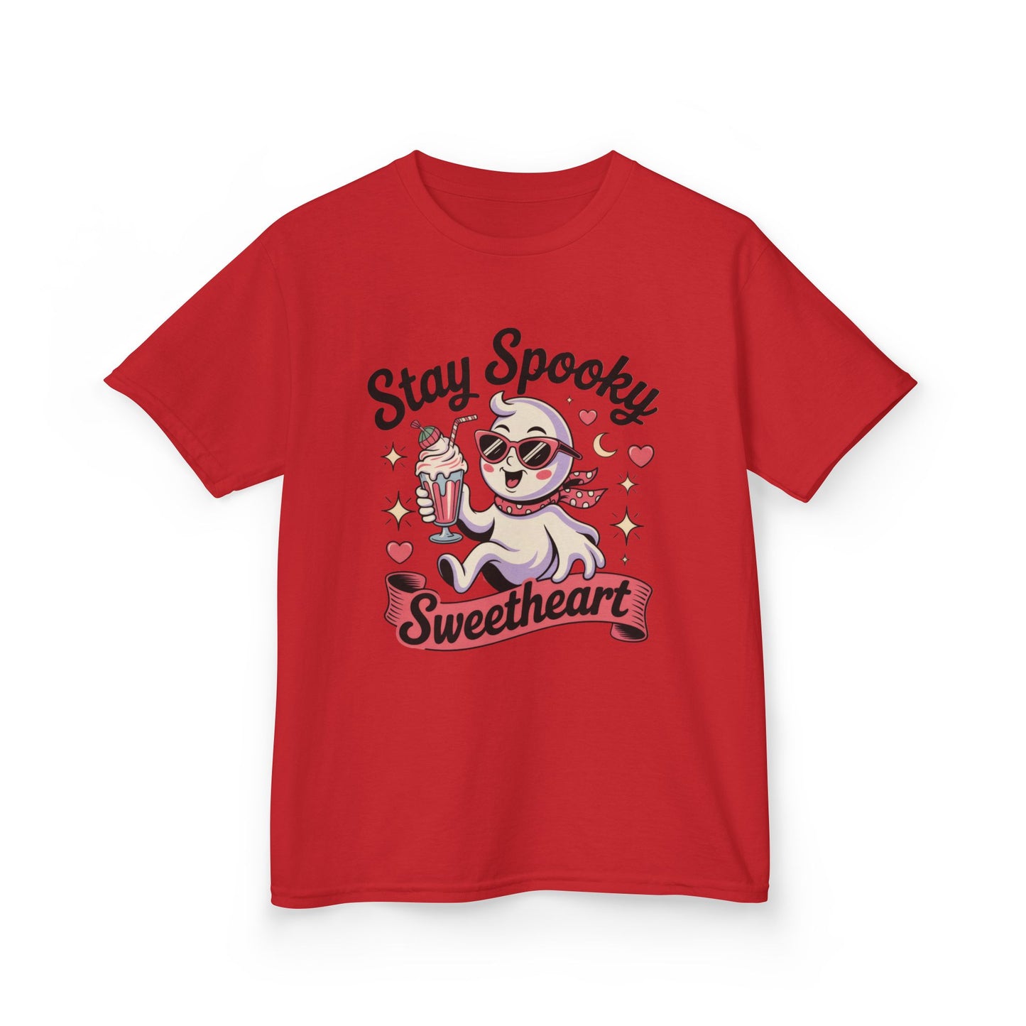 Girls Halloween Ghost T-Shirt, Stay Spooky Sweetheart Tee for Kids, Cute Retro Style Tween Girl Outfit Gift, Kids Heavy Cotton™ Tee