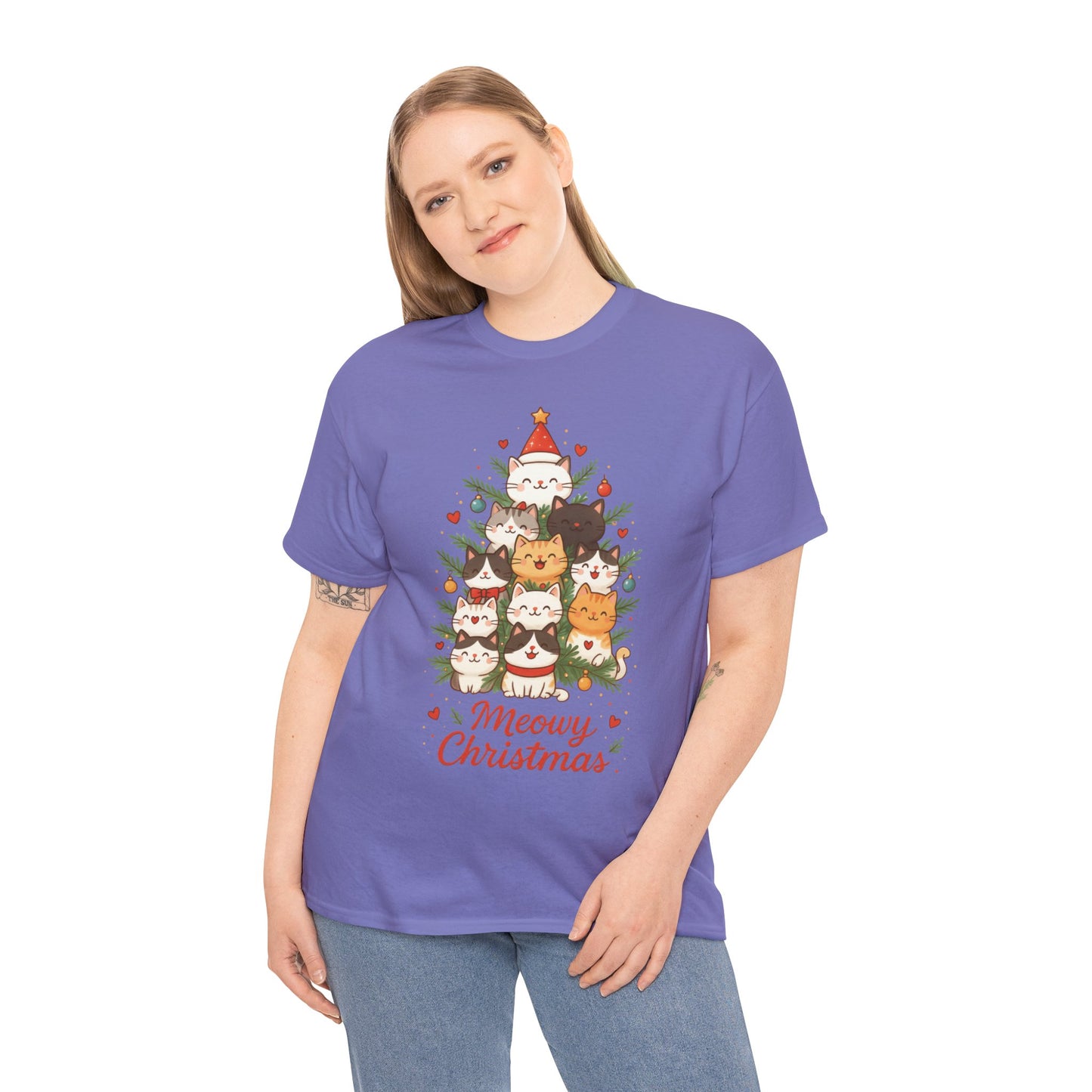 Women's Meowy Christmas Cat T-Shirt, Cute Holiday Kitty Tree Tee