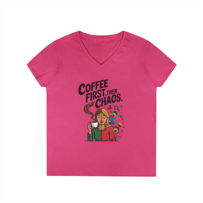 Coffee First Then Chaos V-Neck T-Shirt, Funny Mom Life Shirt, Mother's Day Gift, Mom Humor Tee, mom graphic tee, caffeine lover tee