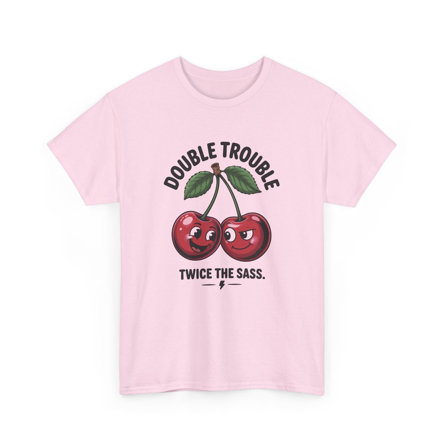 Double Trouble Cherry Graphic Tee, Funny Cute Womens T-Shirt, Twice the Sass Quote Shirt, Sassy Cherry Cartoon Gift