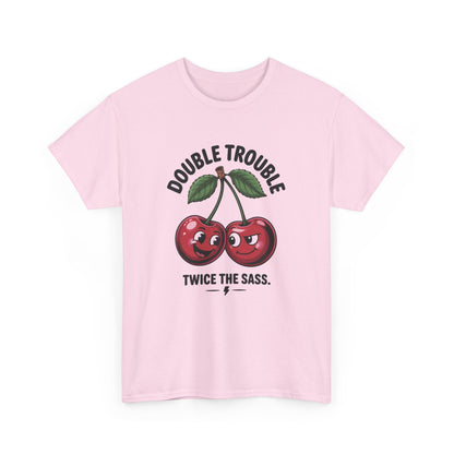 Double Trouble Cherry Graphic Tee, Funny Cute Womens T-Shirt, Twice the Sass Quote Shirt, Sassy Cherry Cartoon Gift