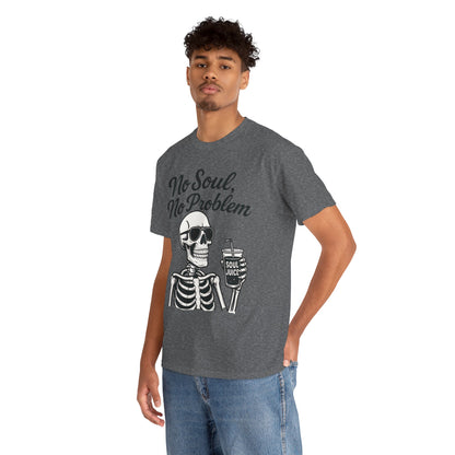 No Soul No Problem Skeleton T-Shirt for Men, Funny Gothic Skull Tee, Cool Spooky Halloween Shirt, Dark Humor Skeleton Graphic Top