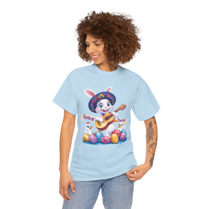 Fiesta de Pascua Bunny Shirt, Funny Easter Rabbit Playing Guitar Tee, Colorful Unisex Heavy Cotton T-Shirt, Cute Holiday Celebration Gift