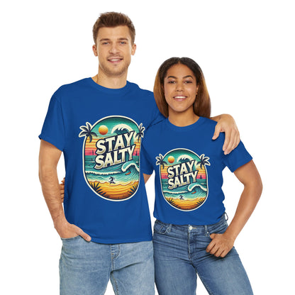 Stay Salty Retro Surf Unisex Heavy Cotton Tee, Vintage Beach Sunset Graphic T-Shirt, Summer Ocean Wave Surfer Shirt, Ocean Lover Gift