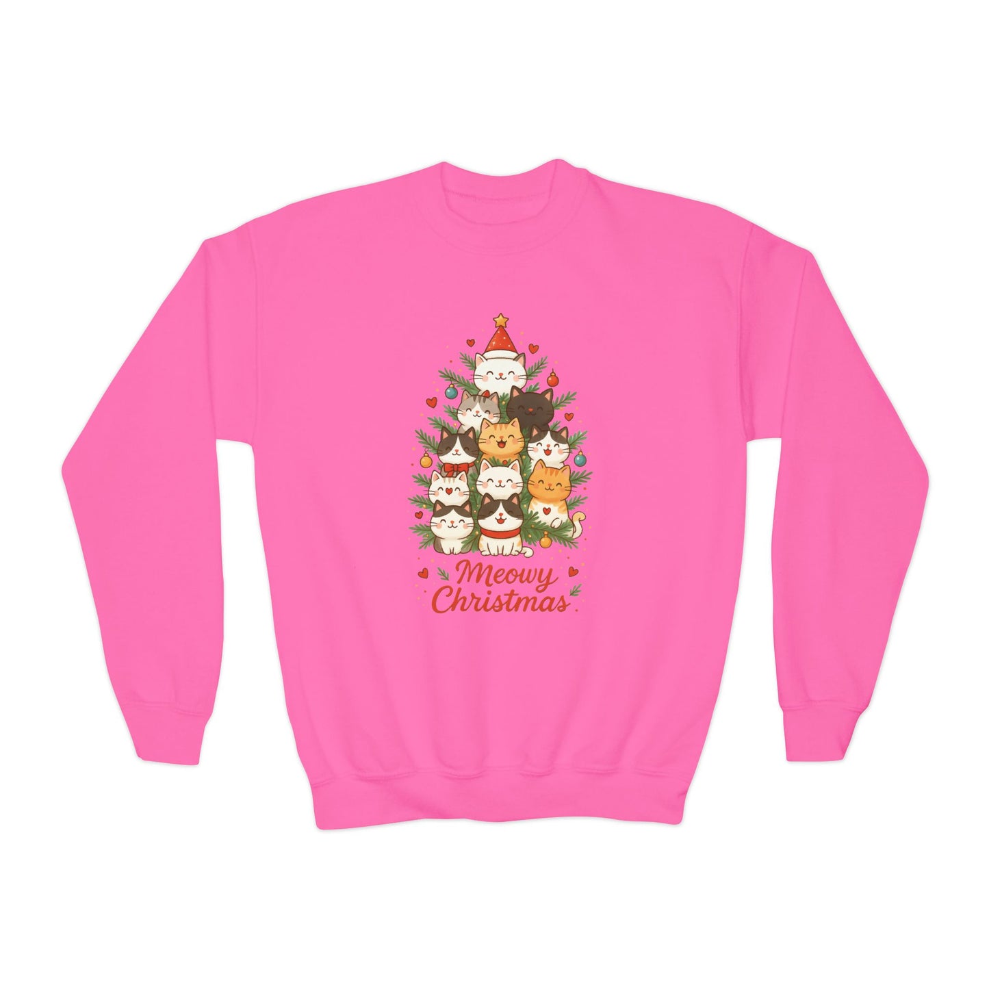 Youth Meowy Christmas Cat Sweatshirt, Cute Holiday Kitty Jumper