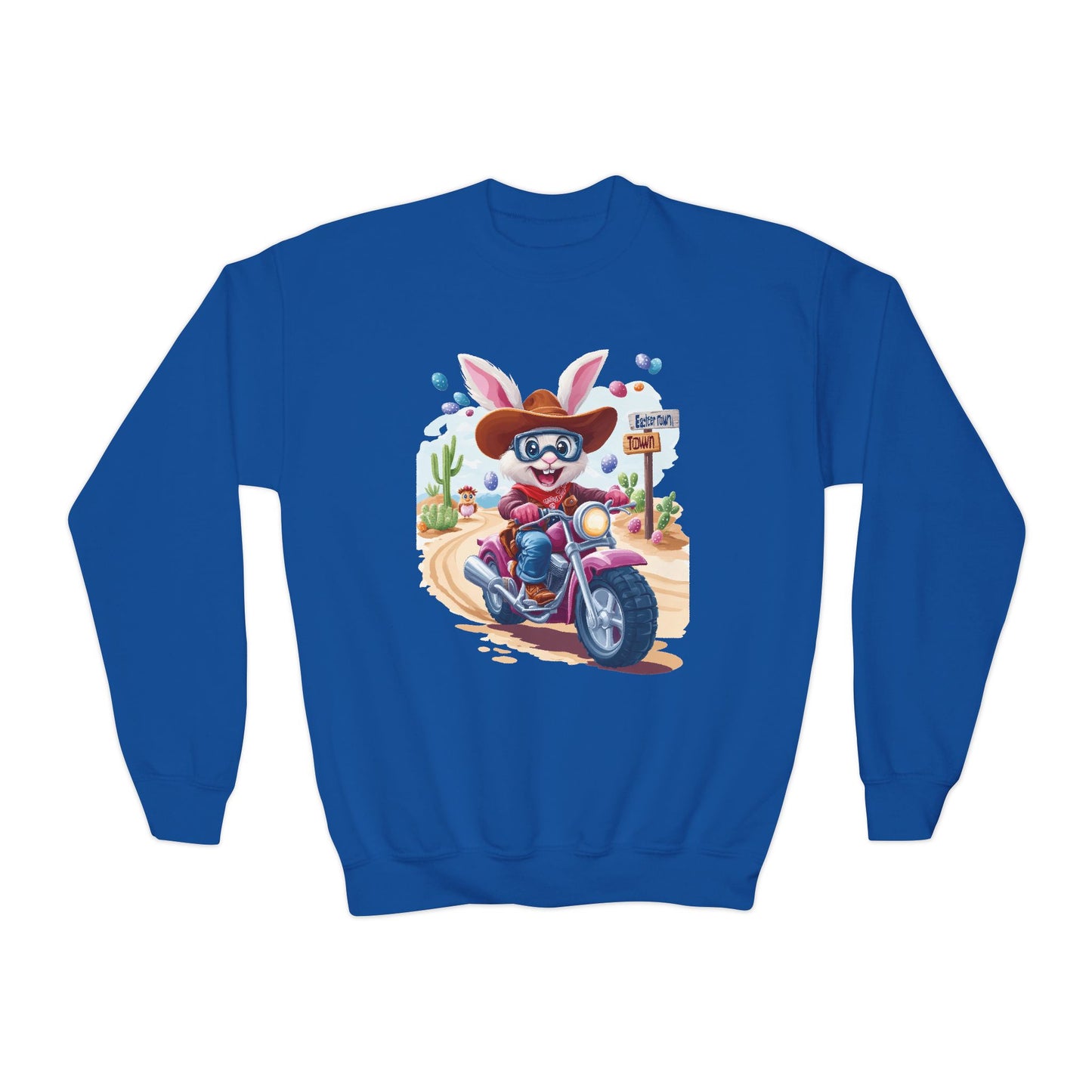Biker Bunny Youth Sweatshirt - Fun Easter Bunny Riding Motorcycle, Cute Spring Gift for Kids, Playful Holiday Crewneck for Boys & Girls