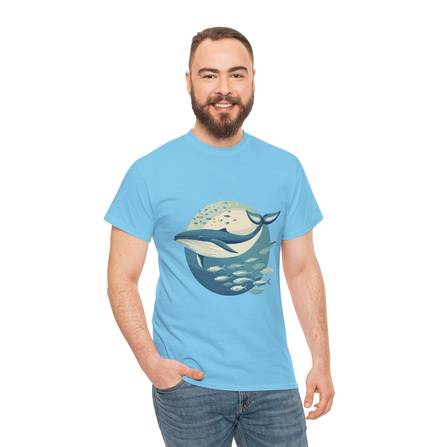 Whale and Fish Unisex Heavy Cotton Tee, Ocean Lover Shirt, Nature Tee, Sea Creature Gift, Casual Summer Top, Ocean Whale Graphic Tee
