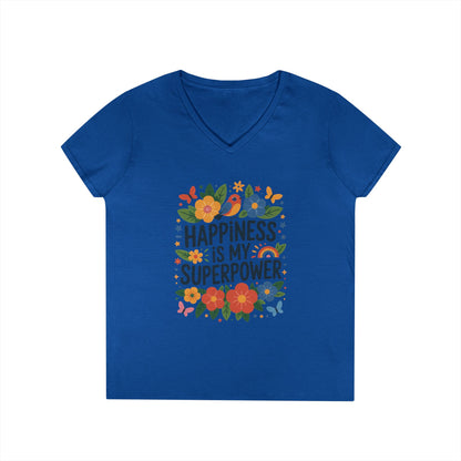 Happiness is My Superpower V-Neck T-Shirt, Floral Motivational Tee, Gift for Her, Positive Quote Shirt, Joyful Statement Tee