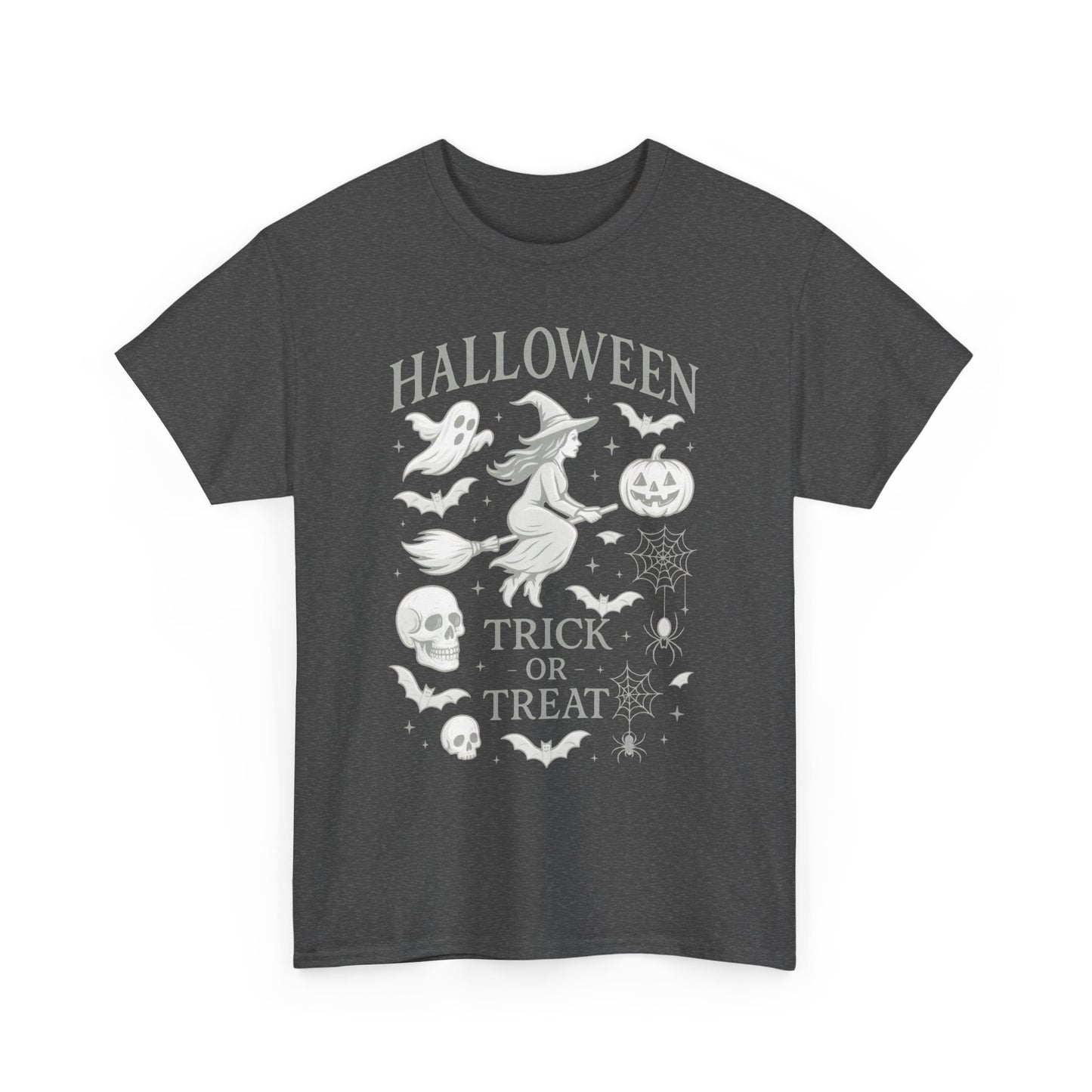 Halloween Witch Flying Broomstick T-Shirt, Trick or Treat Ghost Pumpkin Skull Spider Web Women's Tee