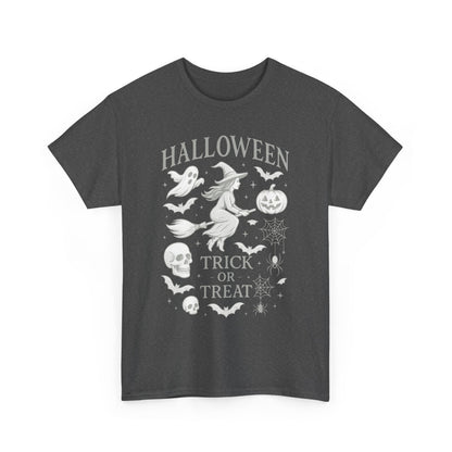 Halloween Witch Flying Broomstick T-Shirt, Trick or Treat Ghost Pumpkin Skull Spider Web Women's Tee