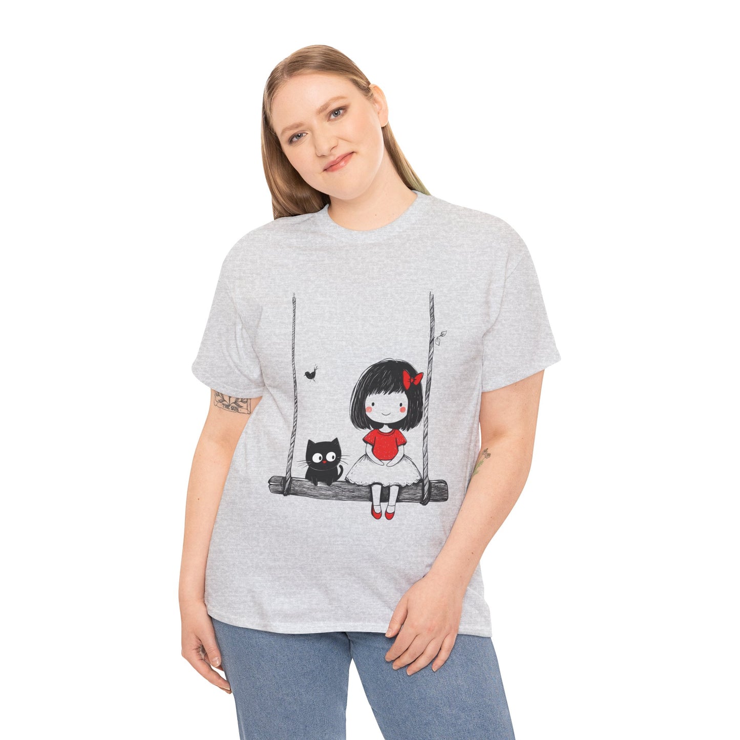 Cute Cat & Girl Graphic Tee, Playful Gift for Cat Lovers, Cat and Girl Design, Gift for Cat Owners, Women's Cotton T-Shirt