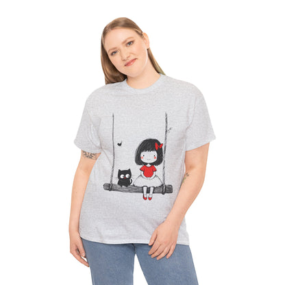 Cute Cat & Girl Graphic Tee, Playful Gift for Cat Lovers, Cat and Girl Design, Gift for Cat Owners, Women's Cotton T-Shirt