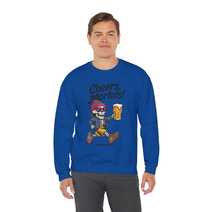 Cheers Mortals! Mens Crewneck Sweatshirt, Skeleton Beer Pullover with Hood, Drinking Humor Sweatshirt, Party Gift for Him, Halloween Apparel