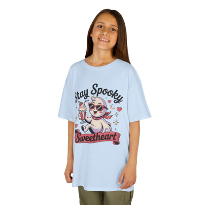 Girls Halloween Ghost T-Shirt, Stay Spooky Sweetheart Tee for Kids, Cute Retro Style Tween Girl Outfit Gift, Kids Heavy Cotton™ Tee