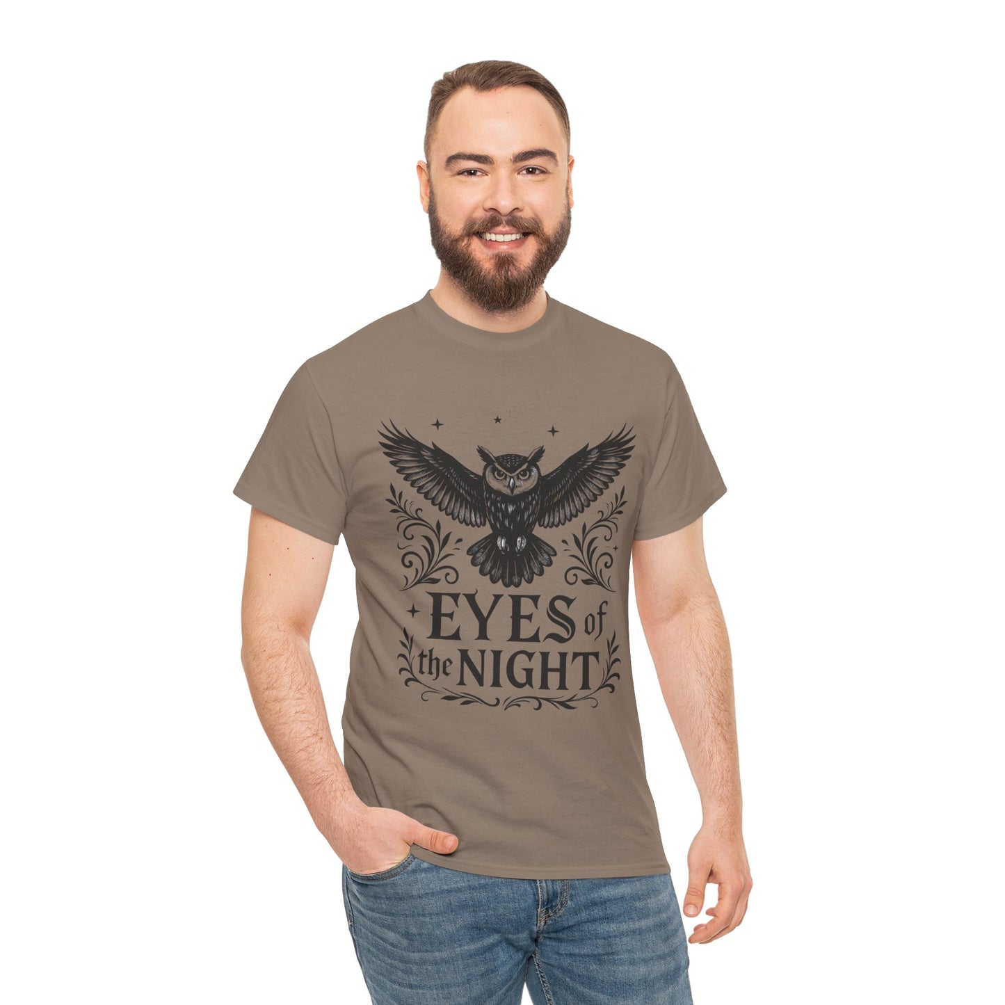 Cool Owl Graphic Unisex Heavy Cotton Tee, Flying Owl Art T-Shirt, Animal Print Tee, Gothic Bird Graphic Tee, Mens Gothic Style Shirt