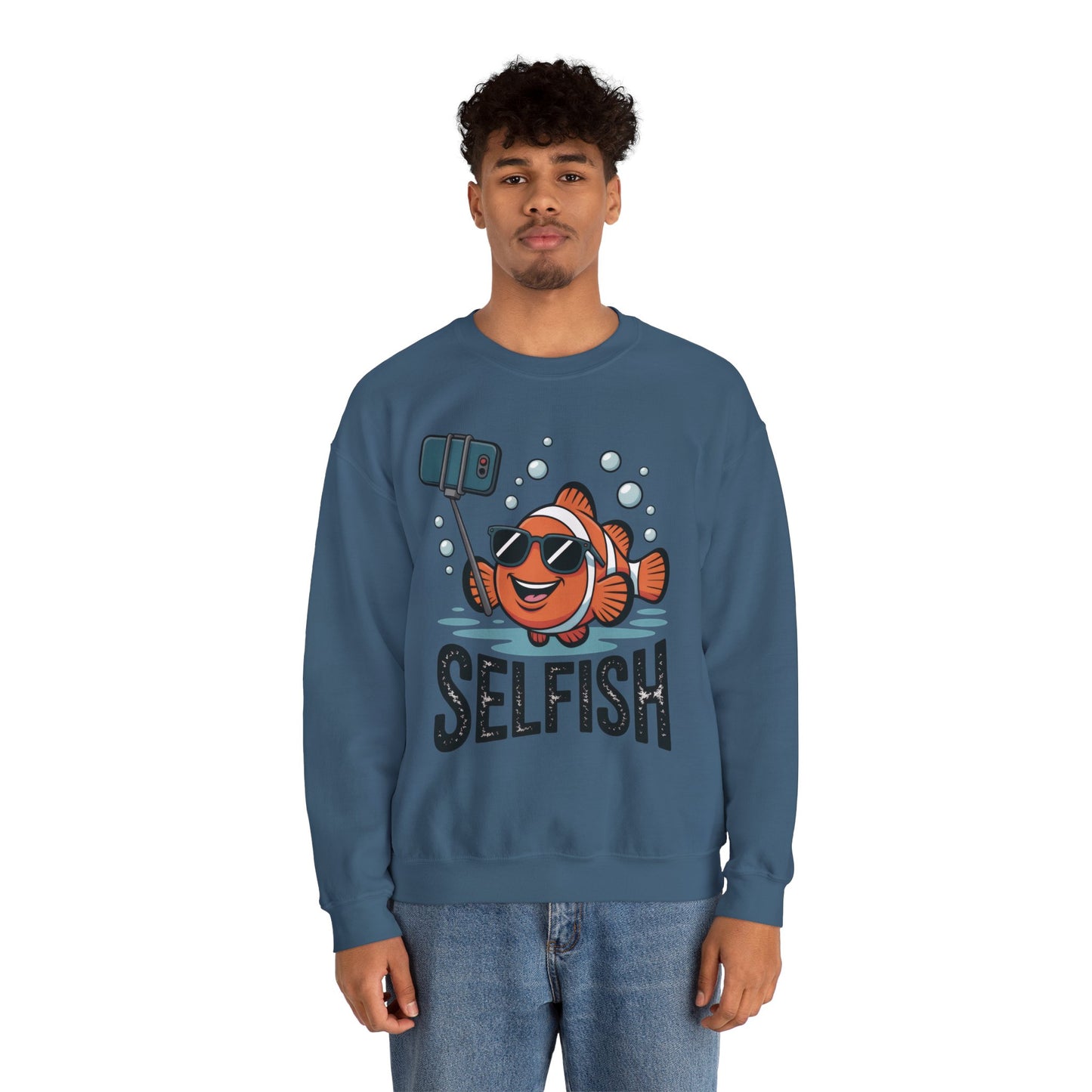 Unisex Heavy Blend™ Crewneck Sweatshirt, Mens Selfish Funny Fish Sweatshirt, Cute Selfie Pullover, Ocean Humor Top