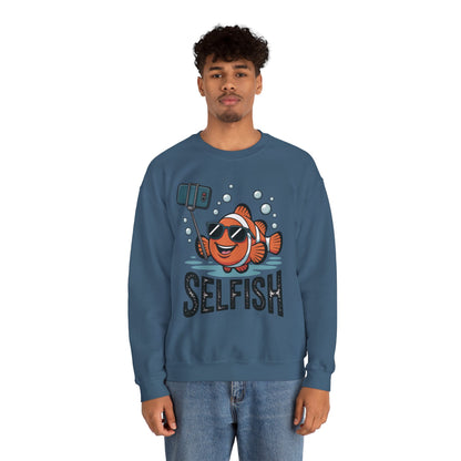 Unisex Heavy Blend™ Crewneck Sweatshirt, Mens Selfish Funny Fish Sweatshirt, Cute Selfie Pullover, Ocean Humor Top