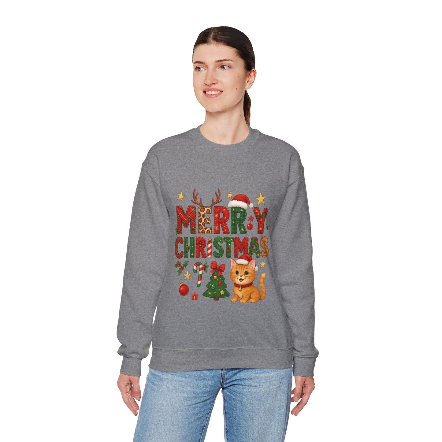 Women's Merry Christmas Cat Sweatshirt, Cozy Holiday Cat Lover Pullover, Women's Heavy Blend™ Crewneck Sweatshirt