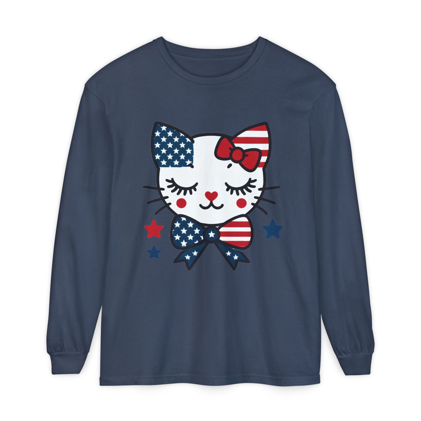 Patriotic Cat Long Sleeve T-Shirt, Women's Tee, Perfect for Fourth of July, Animal Lover Gift, Cozy Casual Wear, Holiday Apparel