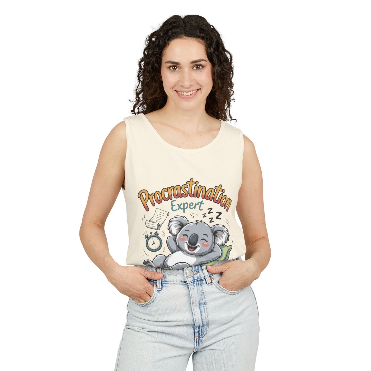 Procrastination Expert Womens Tank Top, Funny Gift for Lazy Days, Relaxed Fit Tee, Casual Summer Wear, Koala Graphic Top, Motivational Apparel