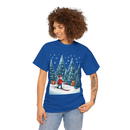 Womens Cute Winter Holiday Graphic Tee, Christmas Skiing T-Shirt, Women's Heavy Cotton Tee