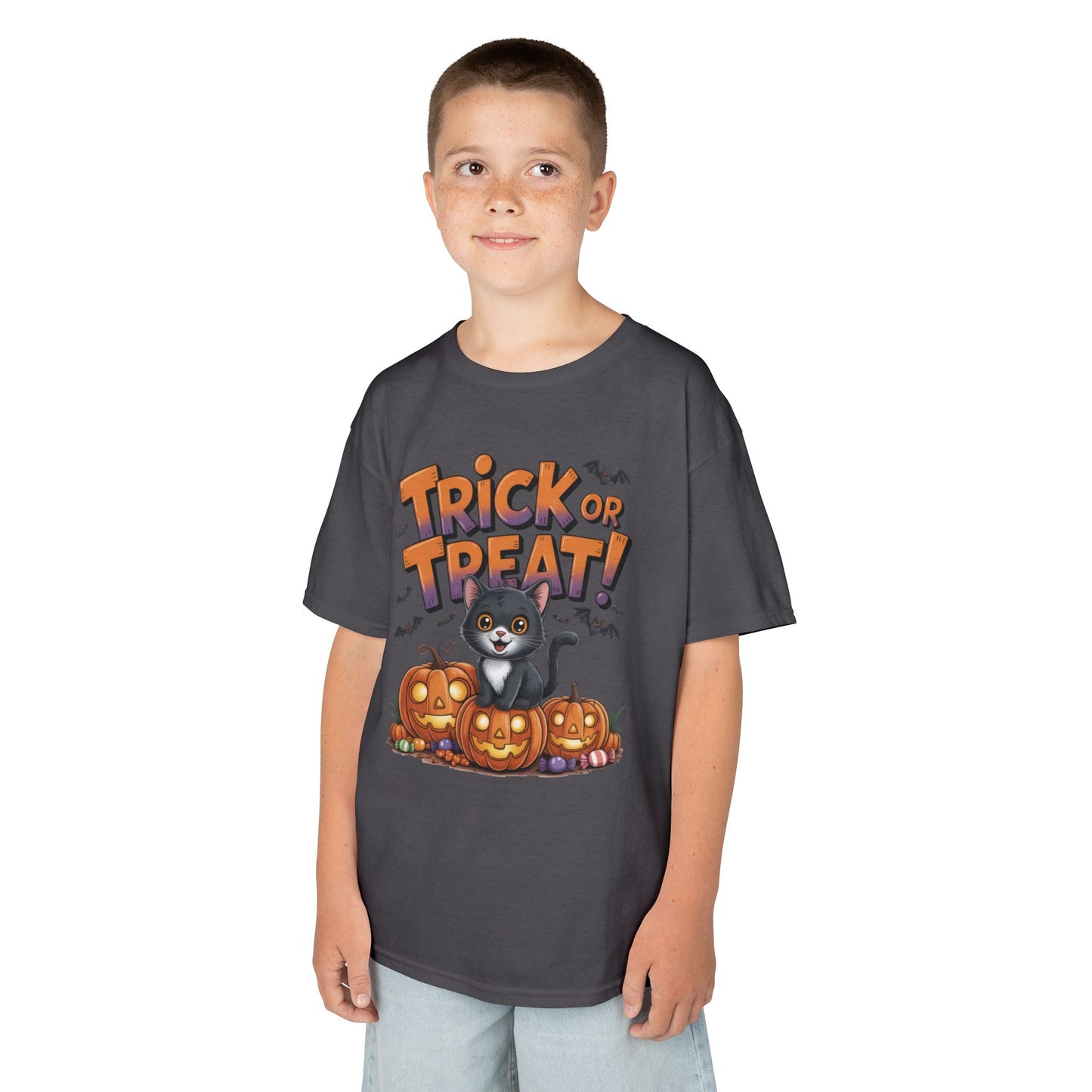Girls Cute Black Cat Trick or Treat Halloween T-Shirt, Funny Pumpkin Cat Tee, Spooky Fall Shirt for Kids, Matching Family Halloween Shirts