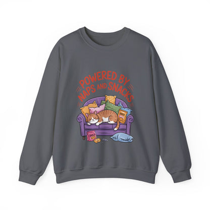 Powered by Naps and Snacks Sweatshirt, Cozy Lounge Crewneck, Gifts for Cat Lovers, Funny Cat Sweatshirt, Casual Everyday Wear
