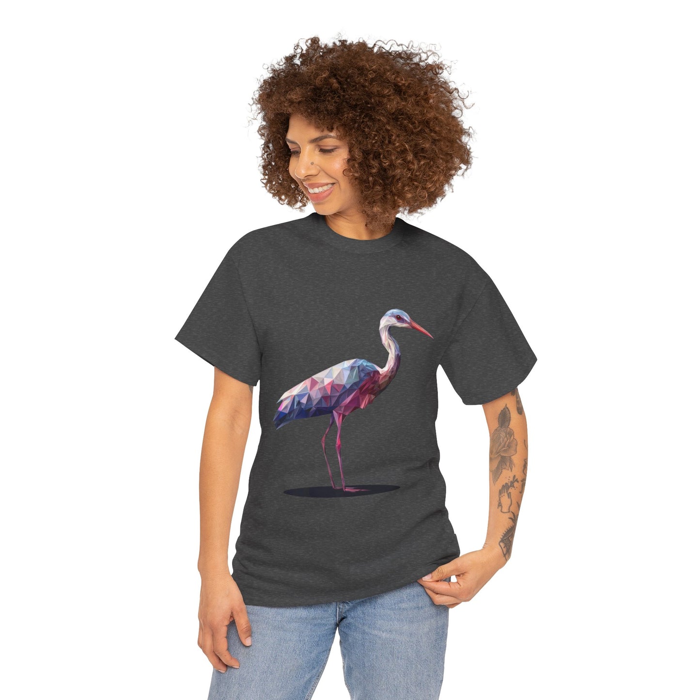 Geometric Heron T-Shirt, Colorful Polygon Bird Graphic, Nature Lover Unisex Heavy Cotton Tee, Geometric Crane Tee, Bird Lovers Gift
