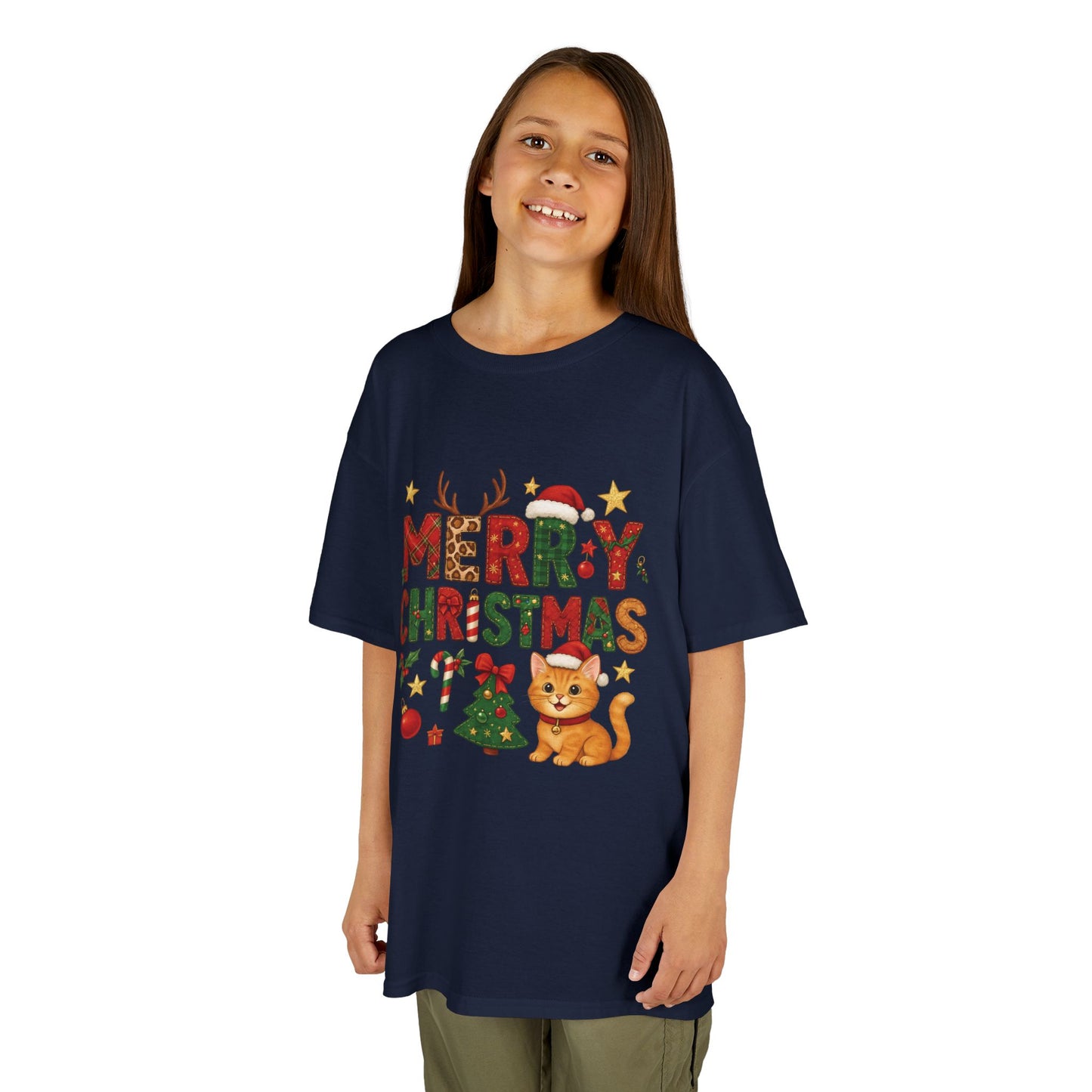 Merry Christmas Cat Shirt for Girls, Cute Holiday Kitten Tee