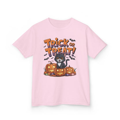 Girls Cute Black Cat Trick or Treat Halloween T-Shirt, Funny Pumpkin Cat Tee, Spooky Fall Shirt for Kids, Matching Family Halloween Shirts