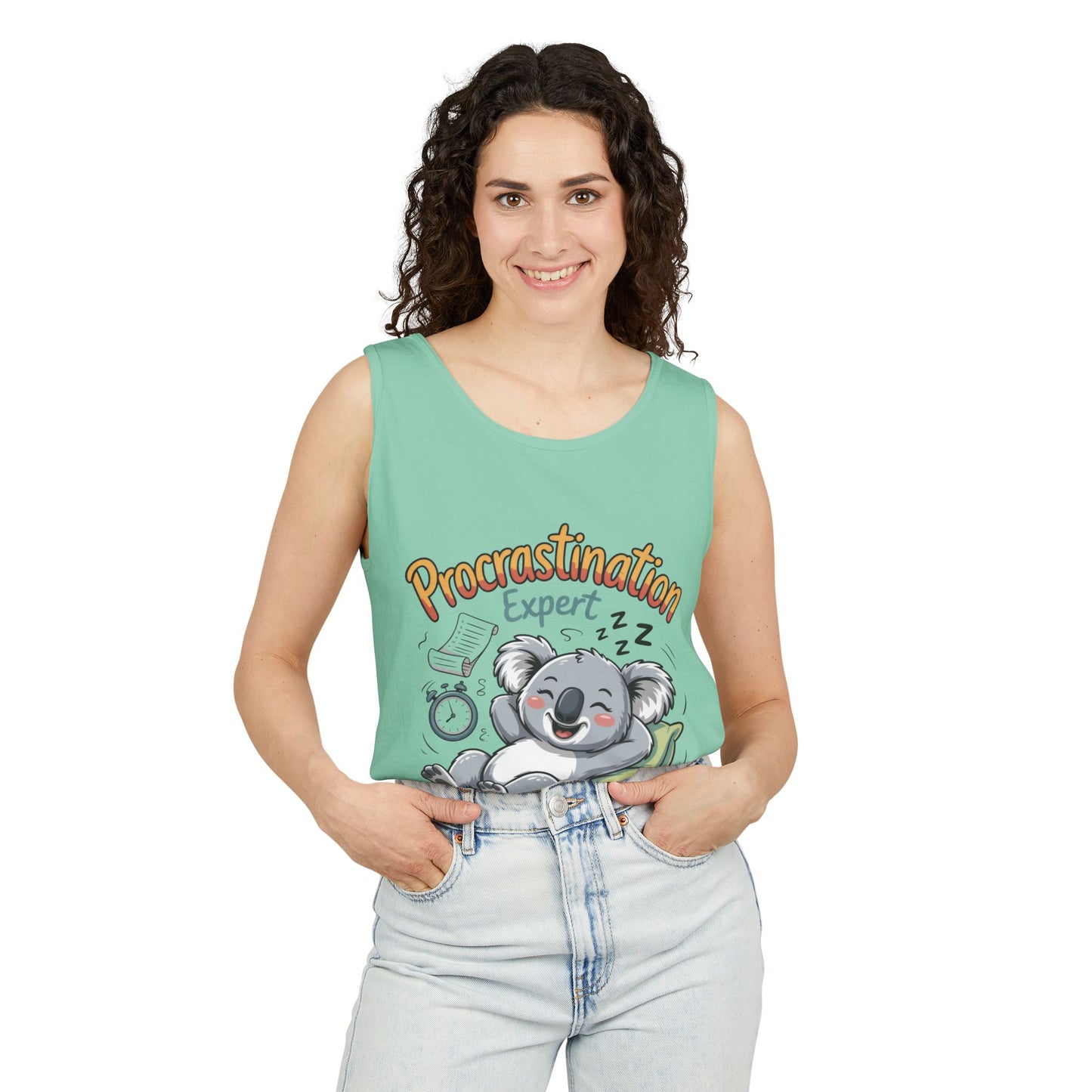 Procrastination Expert Womens Tank Top, Funny Gift for Lazy Days, Relaxed Fit Tee, Casual Summer Wear, Koala Graphic Top, Motivational Apparel